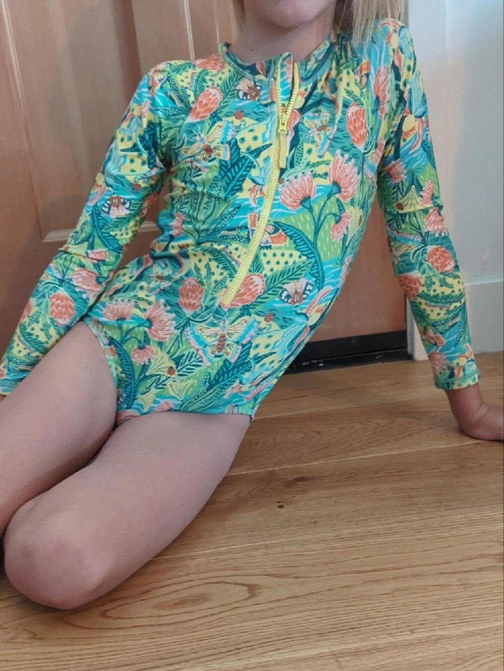Crewcuts Long-Sleeve Floral Zip Rashguard in Green and Coral